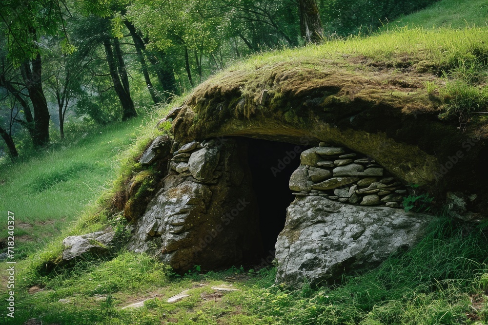 A picture of a small cave nestled in the midst of a vibrant and verdant forest. This image can be used to depict the beauty and tranquility of nature