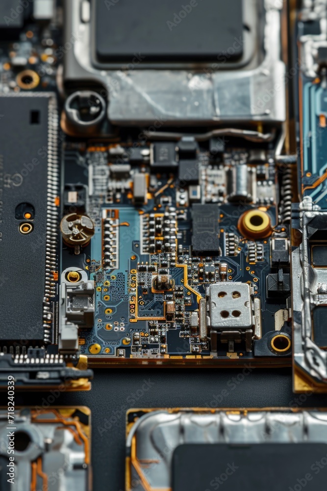Fototapeta premium A detailed close-up view of a computer motherboard. This image can be used to illustrate technology, electronics, or computer hardware concepts