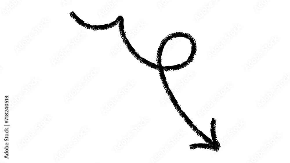 Hand drawn crayon chalk charcoal line arrows set. curvy and wavy arrows isolated on white. Group of squiggles and scribbles strokes. Elements for diagrams. doodle marker