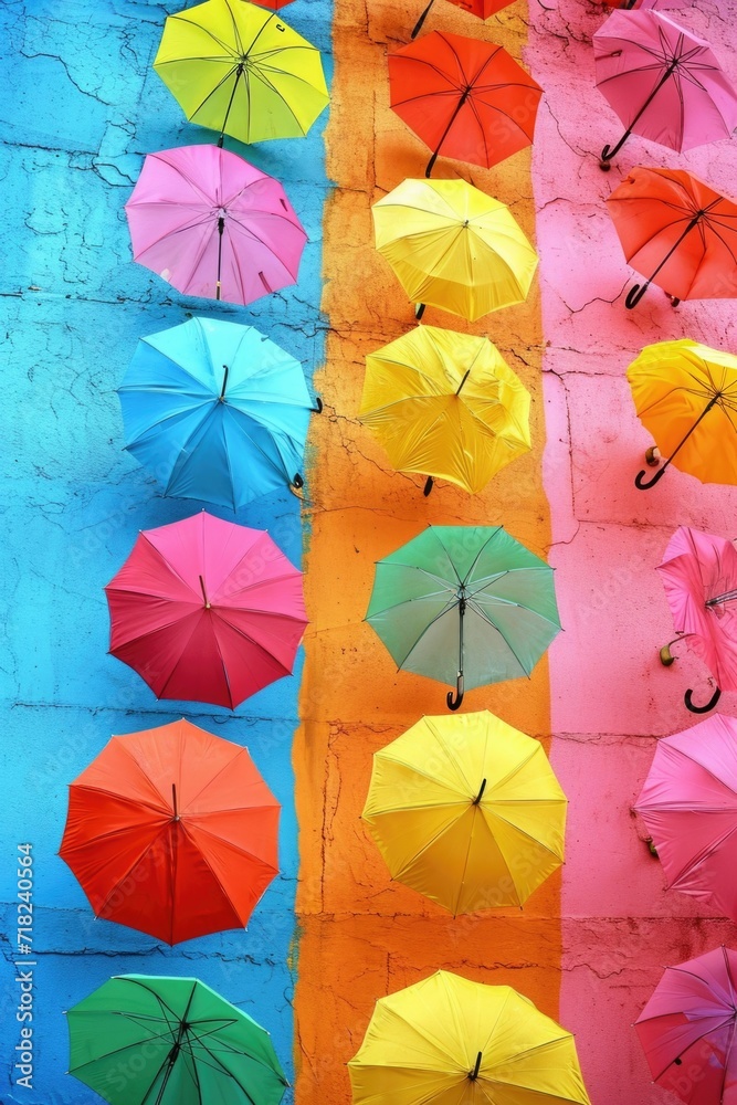Colorful umbrellas arranged in a row and hanging on a wall. Can be used as a vibrant and eye-catching background or as a decorative element in various settings