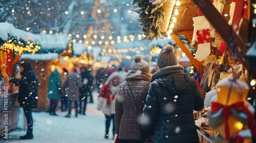 A group of people walking through a snow covered market. Perfect for winter holiday or Christmas themed designs