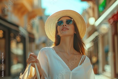 A woman wearing a hat and sunglasses holds a bag. This versatile image can be used to showcase fashion, travel, or accessories