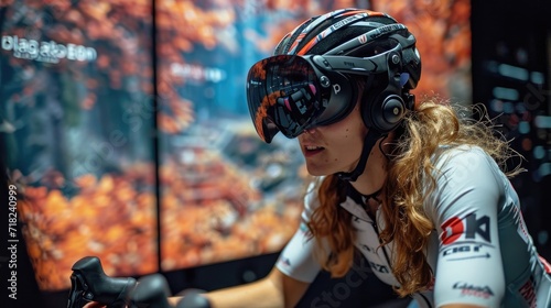 Immersive Indoor Cycling Adventure: Enthusiastic Cyclist Using VR Technology to Explore Virtual Scenic Routes