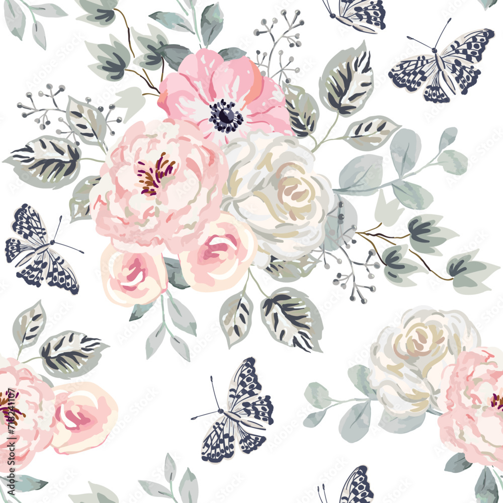 Rose, peony, ranunculus flowers with gray leaves bouquets, butterfly, white background. Floral illustration. Vector seamless pattern. Botanical design. Nature summer garden plants