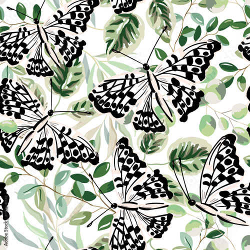Green leaves, butterfly, white background. Floral illustration. Vector seamless pattern. Botanical design. Nature plants. Summer meadow