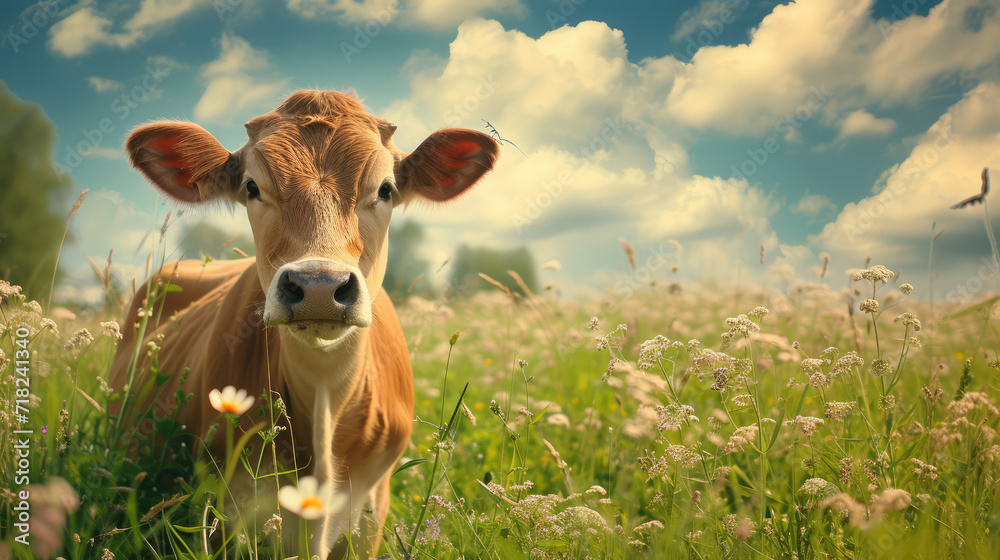 A beautiful cow on a meadow - obrazy, fototapety, plakaty 