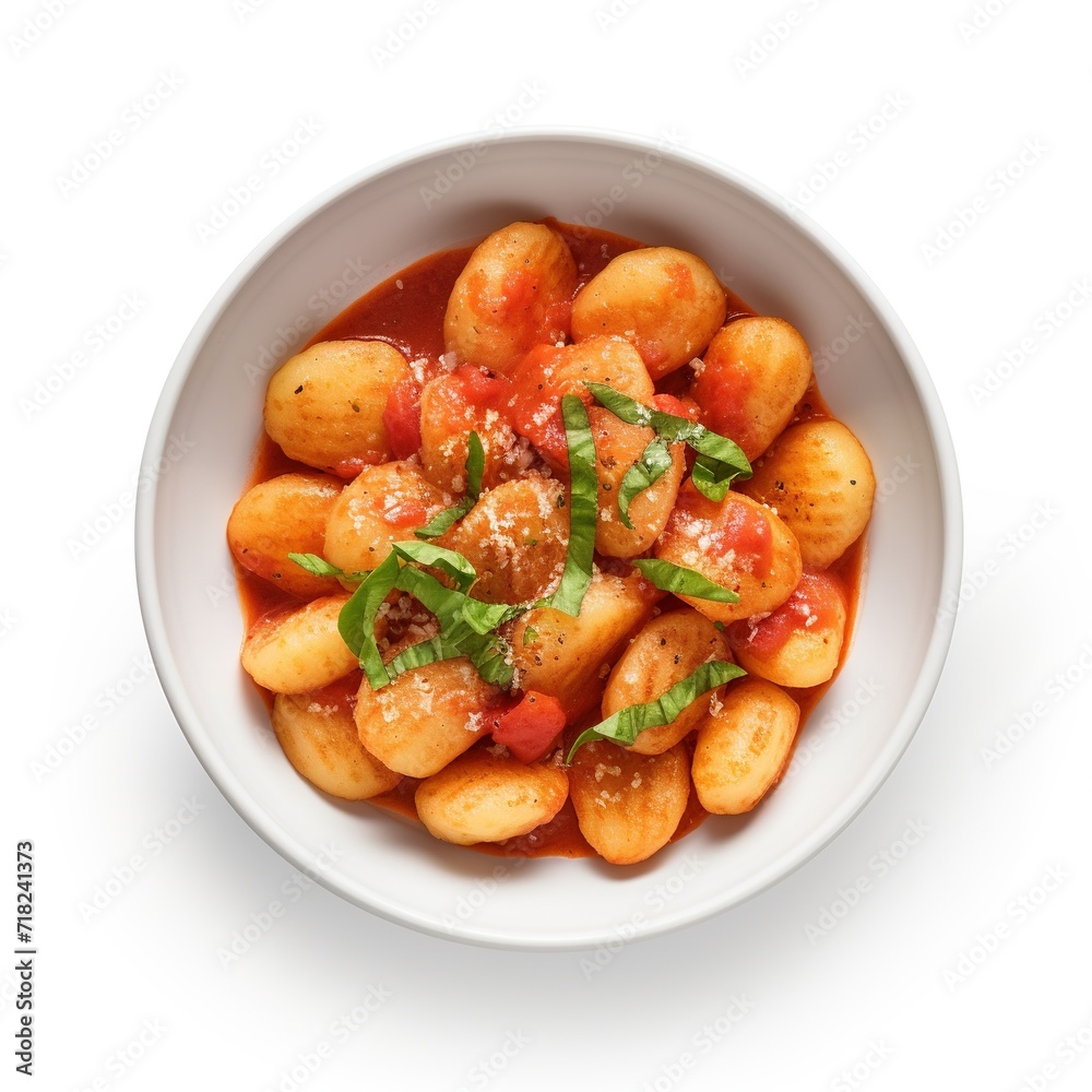 A plate of gnocchi top view isolated on a white background A plate of gnocchi top view isolated on a white background
