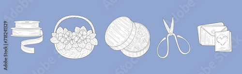 Handmade Craft Element with Tape, Scissors and Flower Bouquet Vector Set