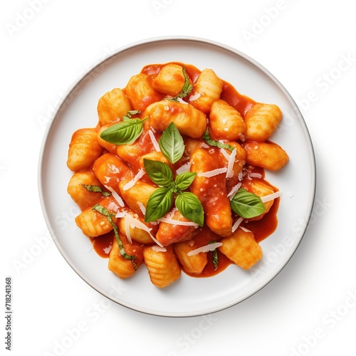 A plate of gnocchi top view isolated on a white background