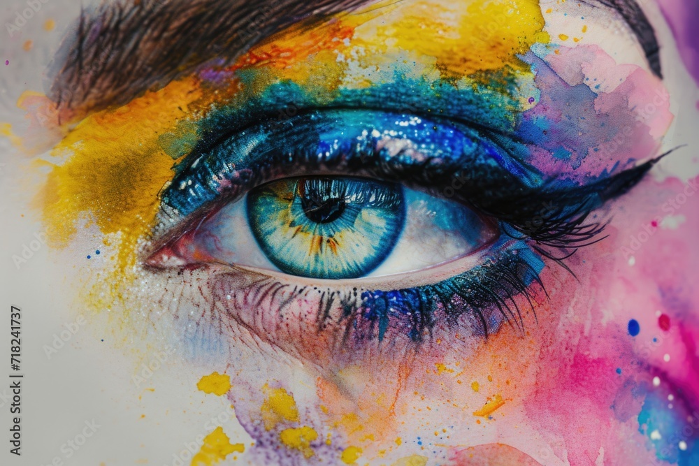 A close-up view of a person's eye with colorful paint on it. This image can be used to represent creativity, art, or self-expression