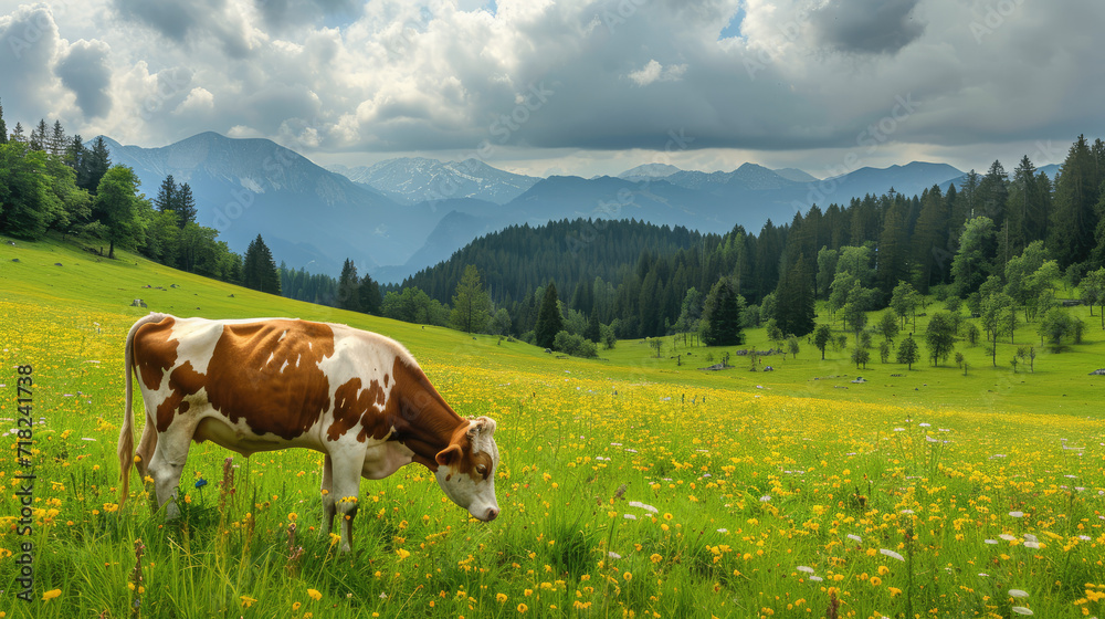 A beautiful cow on a meadow in the mountains