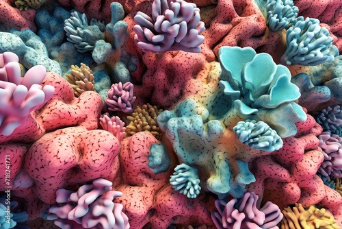Nature  environment  fantasy  graphic resources concept. Abstract and surreal colorful artificial corals background with copy space. Three dimensional corals made of plastic background