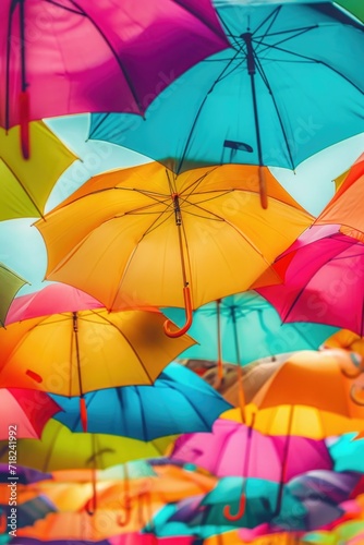 Colorful umbrellas hanging from the ceiling. Versatile image suitable for various themes