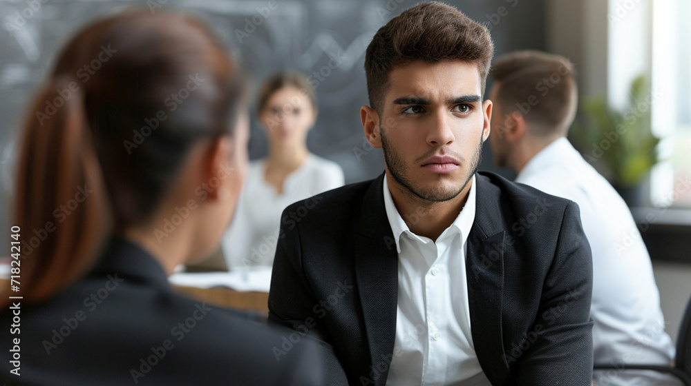 Capture the tension or stress in a candidate's expression or body language, common in high-pressure interview situations Capture the tension or stress in a candidate's expression or body language, common in high-pressure interview situations