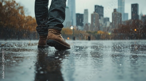 A person walking in the rain with a city in the background. This image can be used to depict urban life or a rainy day scene