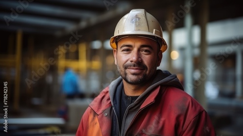 The worker, adorned with a helmet, stands confidently in the foreground, engaging with the camera amidst the construction site.
