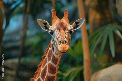A close-up view of a giraffe's face with trees in the background. This image captures the unique features and expressions of the giraffe. Ideal for nature and wildlife-related projects