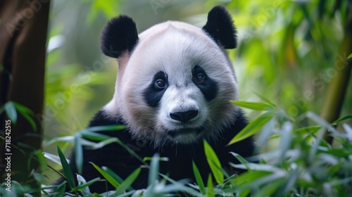Close up of a panda bear sitting in the grass. Suitable for various uses