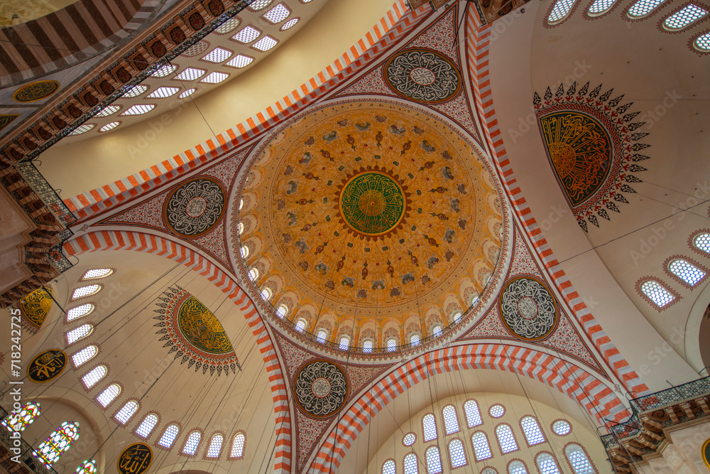 Suleymaniye Camii Mosque ceiling. The Mosque is an Ottoman Imperial Mosque in Fatih in historic Istanbul, Turkey. Historic Areas of Istanbul is a World Heritage Site. 