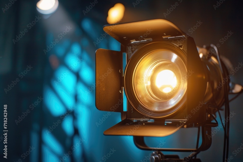 A detailed close-up shot of a light mounted on a tripod. This image can be used to showcase lighting equipment or for illustrating the concept of photography or filmmaking