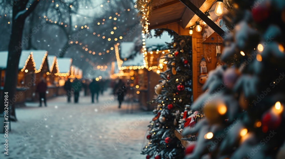 A group of people walking down a snow-covered street adorned with beautiful Christmas lights. Perfect for holiday-themed designs and winter festivities