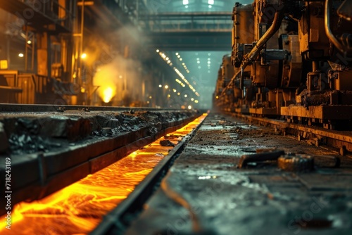 A train is seen traveling down the tracks in a factory. This image can be used to depict transportation  industrial processes  or manufacturing