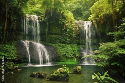 Two cascading waterfalls surrounded by lush greenery. Generative AI