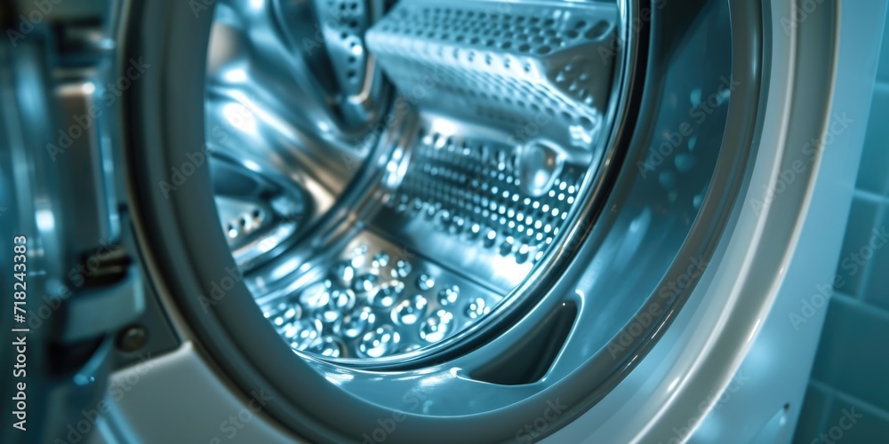 A close up view of a washing machine with the door open. Suitable for household appliance concepts and laundry-related themes A close up view of a washing machine with the door open. Suitable for household appliance concepts and laundry-related themes