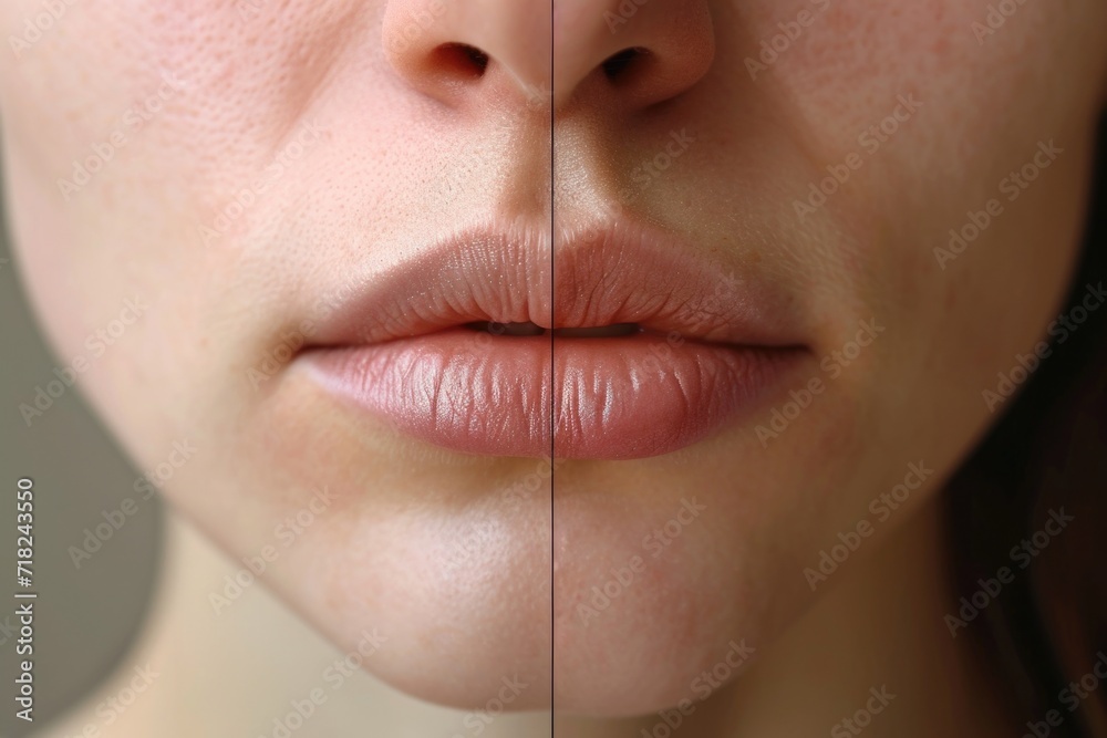 Obraz premium Close up of a woman's face showing a double chin. This image can be used to depict body positivity, aging, weight gain, or health and beauty concepts