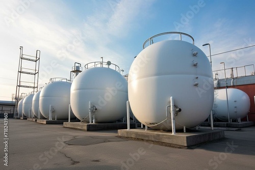 Storage for oil and gas fluids in high-pressure tanks, with cryogenic gas storage for the chemical industry in an industrial landscape. Generative AI