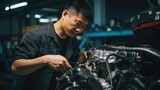 With skilled hands, the Asian master diligently focuses on car engine repairs in the forefront of a light-colored car service,