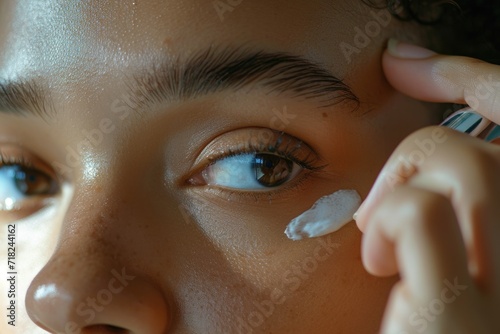 A close-up view of someone applying cream to their eye. This image can be used to depict skincare routines or to illustrate the use of eye creams for reducing puffiness and dark circles photo