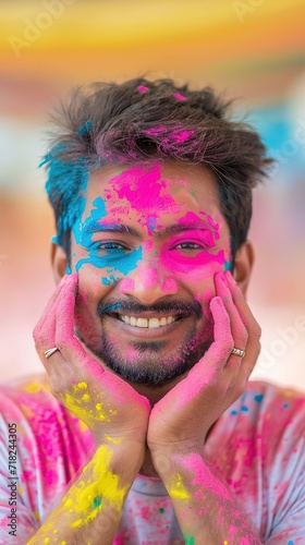 cheerful young man reveling in holi festivities, splattered with rainbow powders, outdoor jubilation, festival, powder face, colorful powder in air.