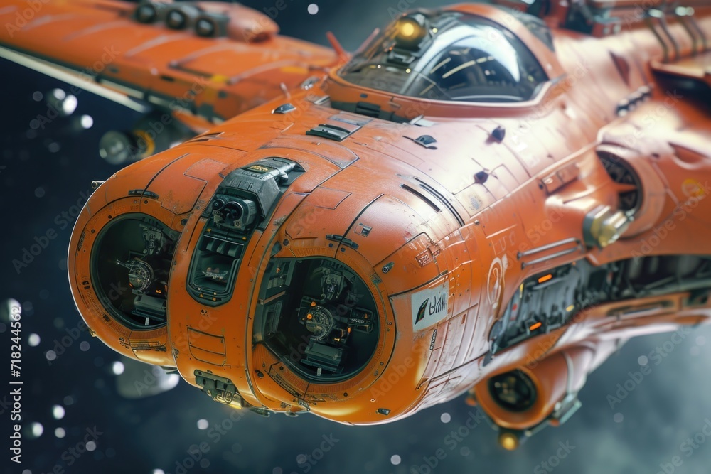 A detailed view of a space ship flying in the sky. Perfect for science fiction enthusiasts and futuristic concepts A detailed view of a space ship flying in the sky. Perfect for science fiction enthusiasts and futuristic concepts