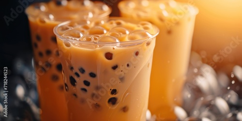 Two glasses of bubble tea in a close-up shot. This image can be used to showcase the popular Taiwanese beverage and its colorful and refreshing appearance