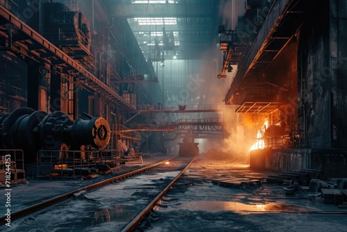 A factory filled with lots of steel located next to a train track. This image can be used to depict industrialization  transportation  or manufacturing processes