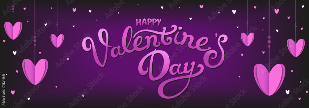 Vector Hanging hearts with text by Valentine day. Black violet background in flat style. For design
