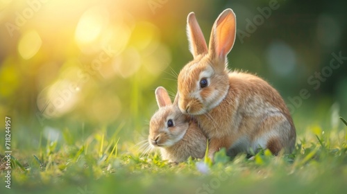 Loving Rabbit Mother Caring for Her Cub in Everyday Life AI Generated