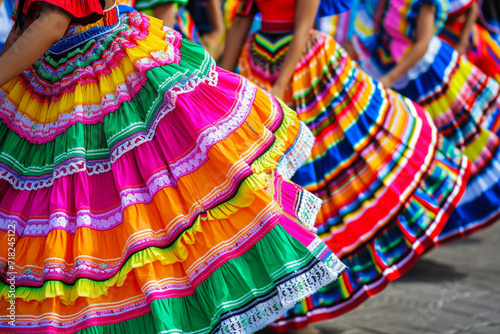 Close-up of traditional Mexican folk dancers adorned in colorful attire, highlighting the cultural vibrancy and care and love, faith and traditions, family values of Cinco de Mayo