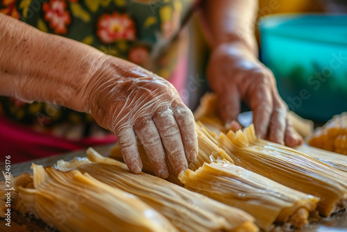 A close-up of hands preparing traditional Tamales, illustrating the culinary traditions and care and love, faith and traditions, family values associated with Cinco de Mayo