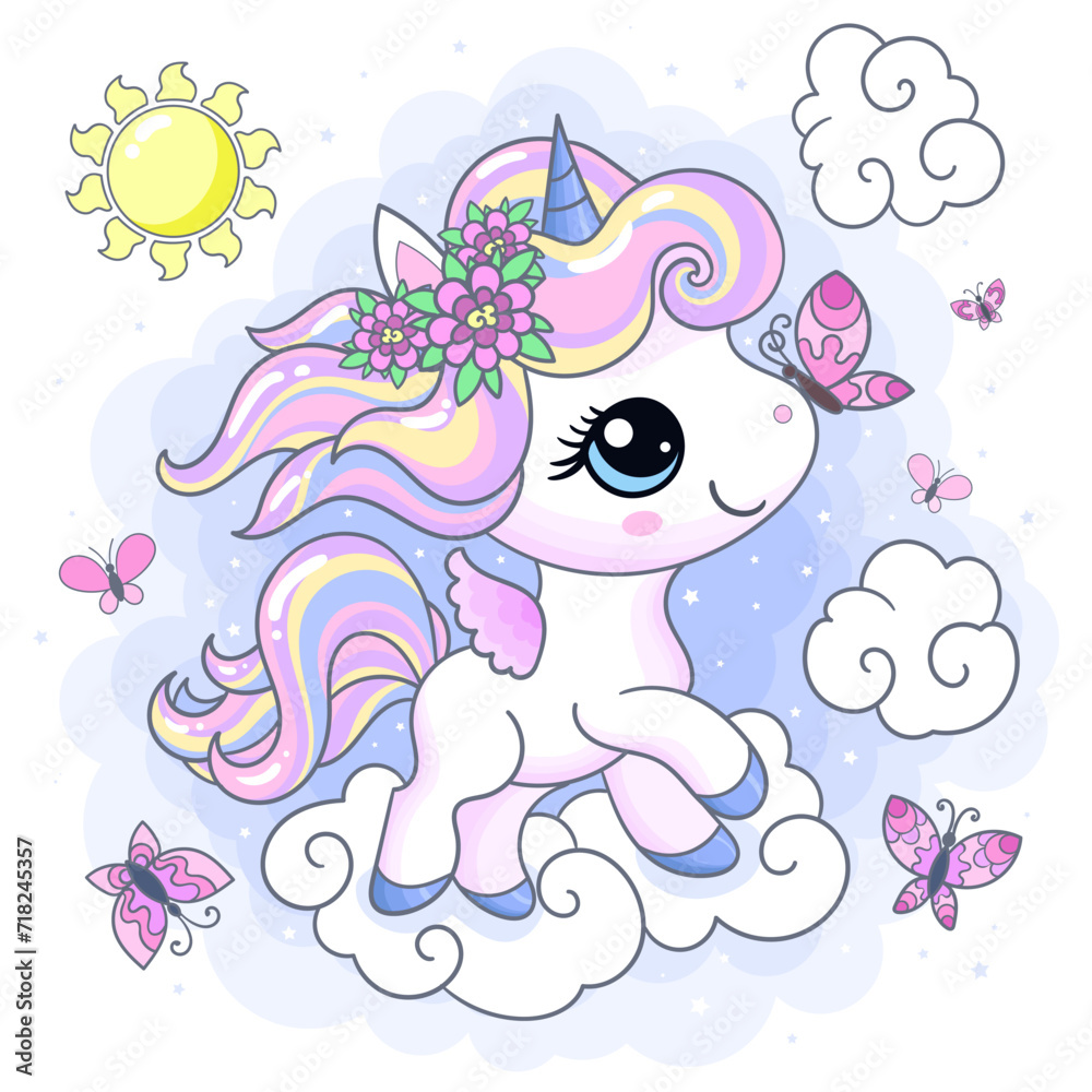 Cute little unicorn in the sky with a butterfly. Themes of magic and fantasy. For children's design of prints, posters, cards, stickers, puzzles, etc. Vector illustration