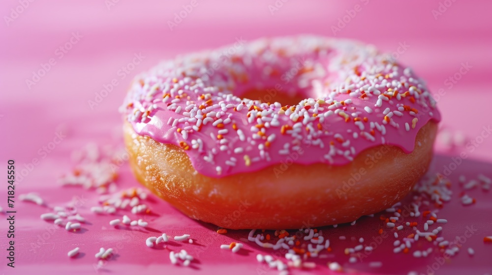 A delicious donut with pink frosting and colorful sprinkles on a pink surface. Perfect for bakery promotions or sweet treat concepts A delicious donut with pink frosting and colorful sprinkles on a pink surface. Perfect for bakery promotions or sweet treat concepts
