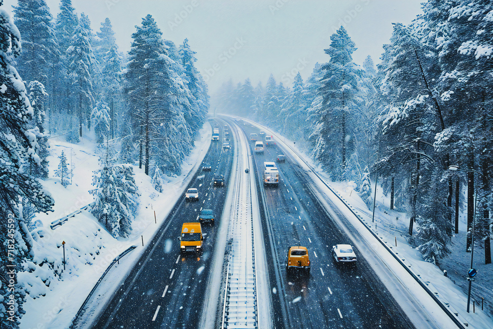 Winter Road Amidst Snowy Forest, Seasonal Landscape, Cold Nature Travel, Frosty Scenery, Serenity Winter Road Amidst Snowy Forest, Seasonal Landscape, Cold Nature Travel, Frosty Scenery, Serenity