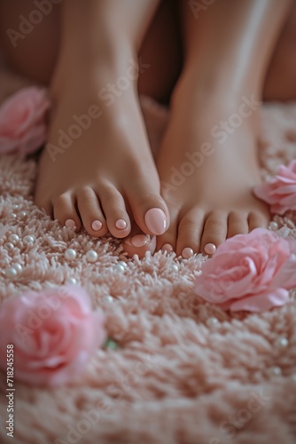 Close-up view of a person s feet adorned with beautiful pink flowers. Perfect for adding a touch of nature and femininity to any project or design