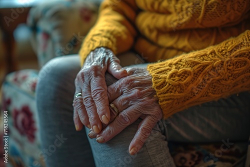 An elderly woman sitting on a couch, holding her hands. Suitable for lifestyle or senior care concepts
