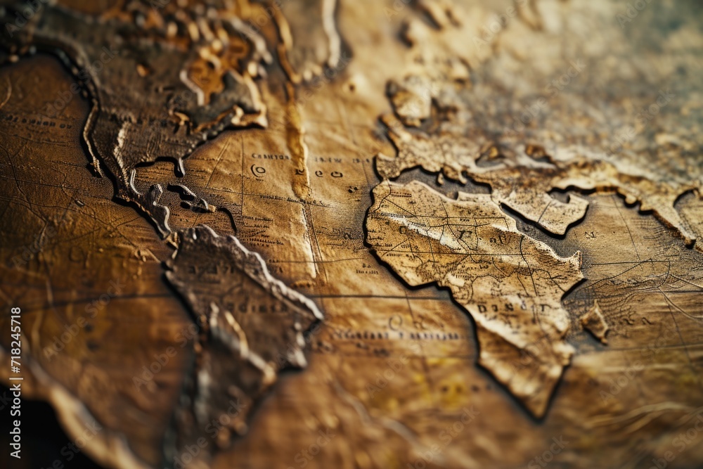 A detailed close-up of a map of the world. This image can be used for educational purposes or to illustrate global concepts A detailed close-up of a map of the world. This image can be used for educational purposes or to illustrate global concepts