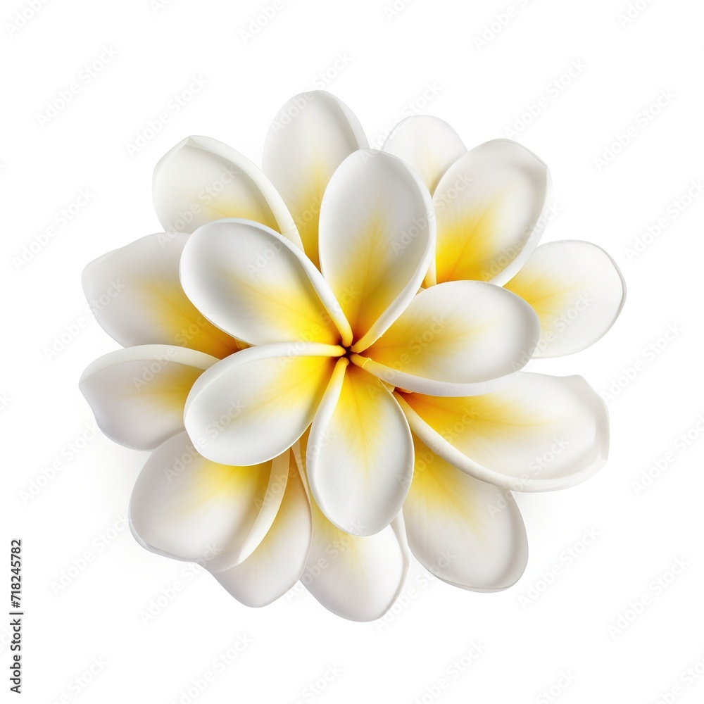 A single piece of plumeria top view isolated on white background A single piece of plumeria top view isolated on white background