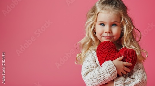 little blond girl hold big red heart, isolated on pink pastel background