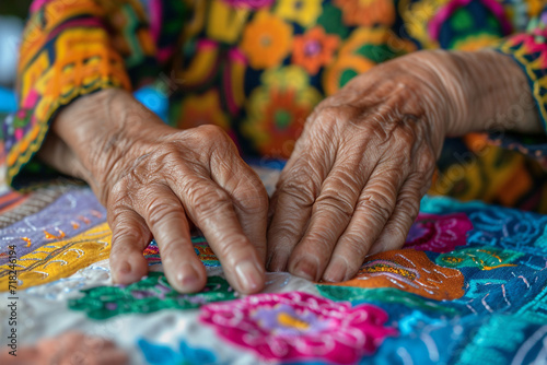 Close-up of hands creating intricate traditional Mexican crafts, highlighting the artistic expressions and care and love, faith and traditions, family values associated with Cinco