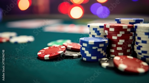 Poker chips and playing cards on green table at casino. Casino concept. Casino concept with copy space. Online casino. Gambling concept with copy space.